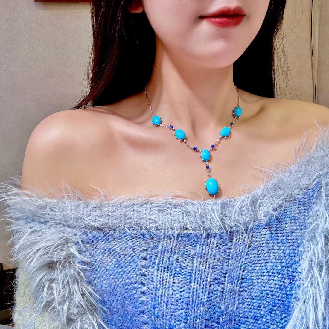 14k Gold 37.20 Ctw Natural Blue Turquoise & Sapphire Necklace - 6