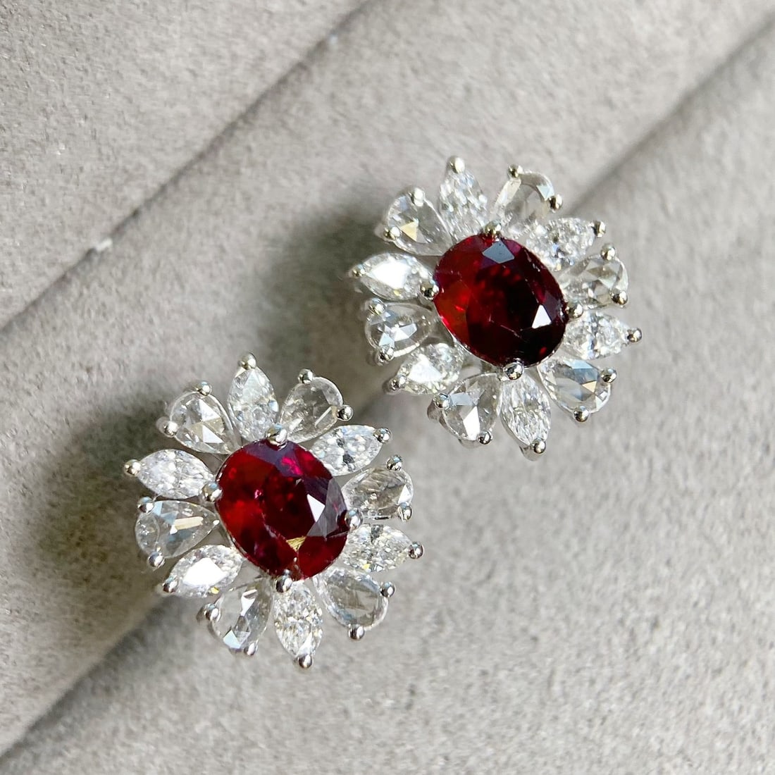 14k Gold 1.99 Ctw Natural Ruby & Diamond Earrings: Ref:231108341 // gold content:14k gold // main gemstone:ruby // shape:oval // carat weight:1. 01ct // color:pigeonblood red // treatment:natural // // adjacent gemstone 2 : diamond // shape:multiple /