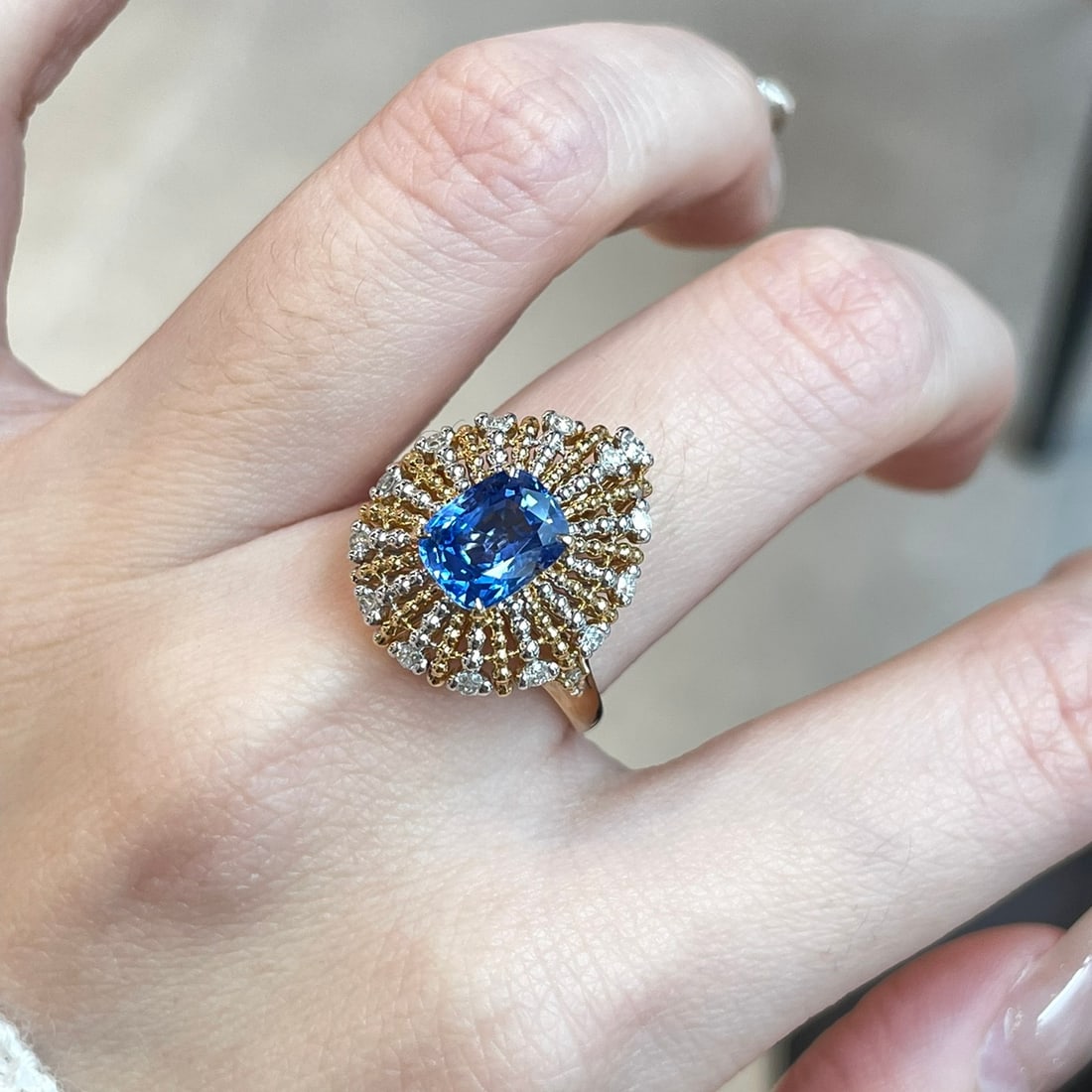 14k Gold 1.88 Ct Natural Sapphire & Diamond Ring: Ref:231108450 // gold content:14k gold // ring size:7. 25us // // main gemstone:sapphire // shape:cushion // carat weight:1. 88ct // color:blue // treatment:natural // // adjacent gemstone 2 :