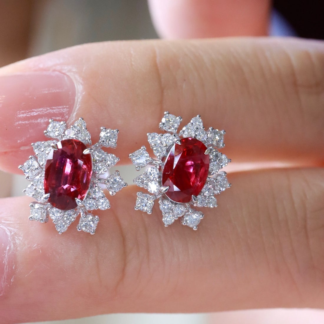 14k Gold 2.35 Ctw Natural Ruby & Diamond Earrings: Ref:231108386 // gold content:14k gold // main gemstone:ruby // shape:oval // carat weight:1. 65ct // color:red // treatment:natural // // adjacent gemstone 2 : diamond // shape:round // carat