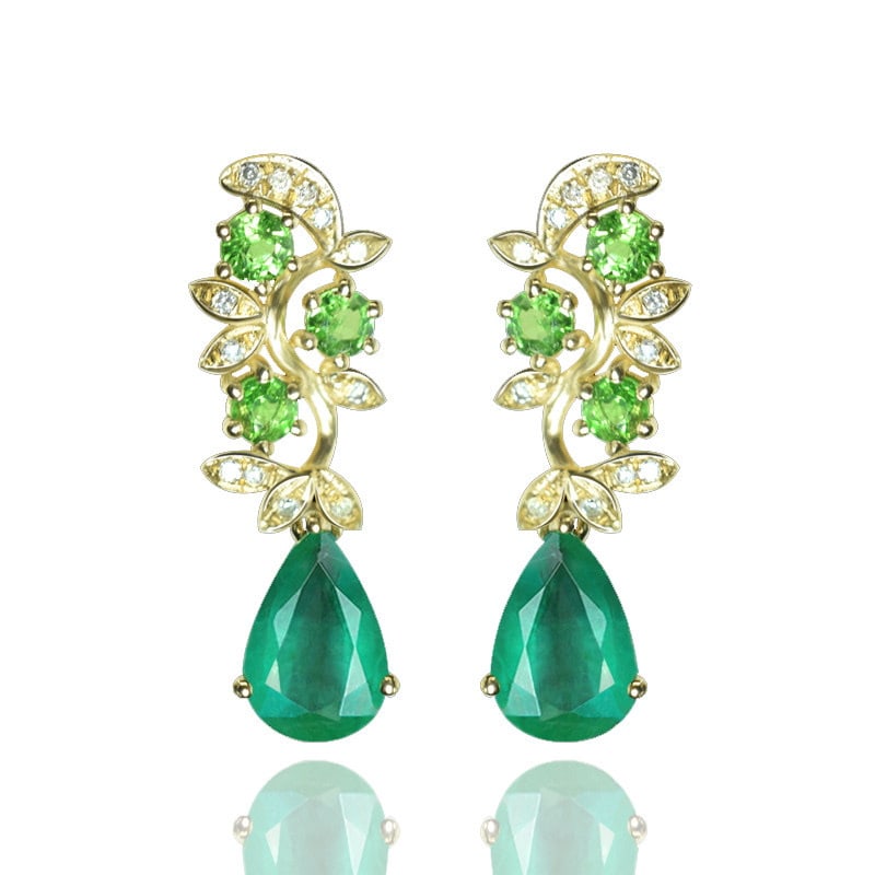 14k Gold 2.36 Ctw Natural Emerald & Tsavorite Earrings - 2