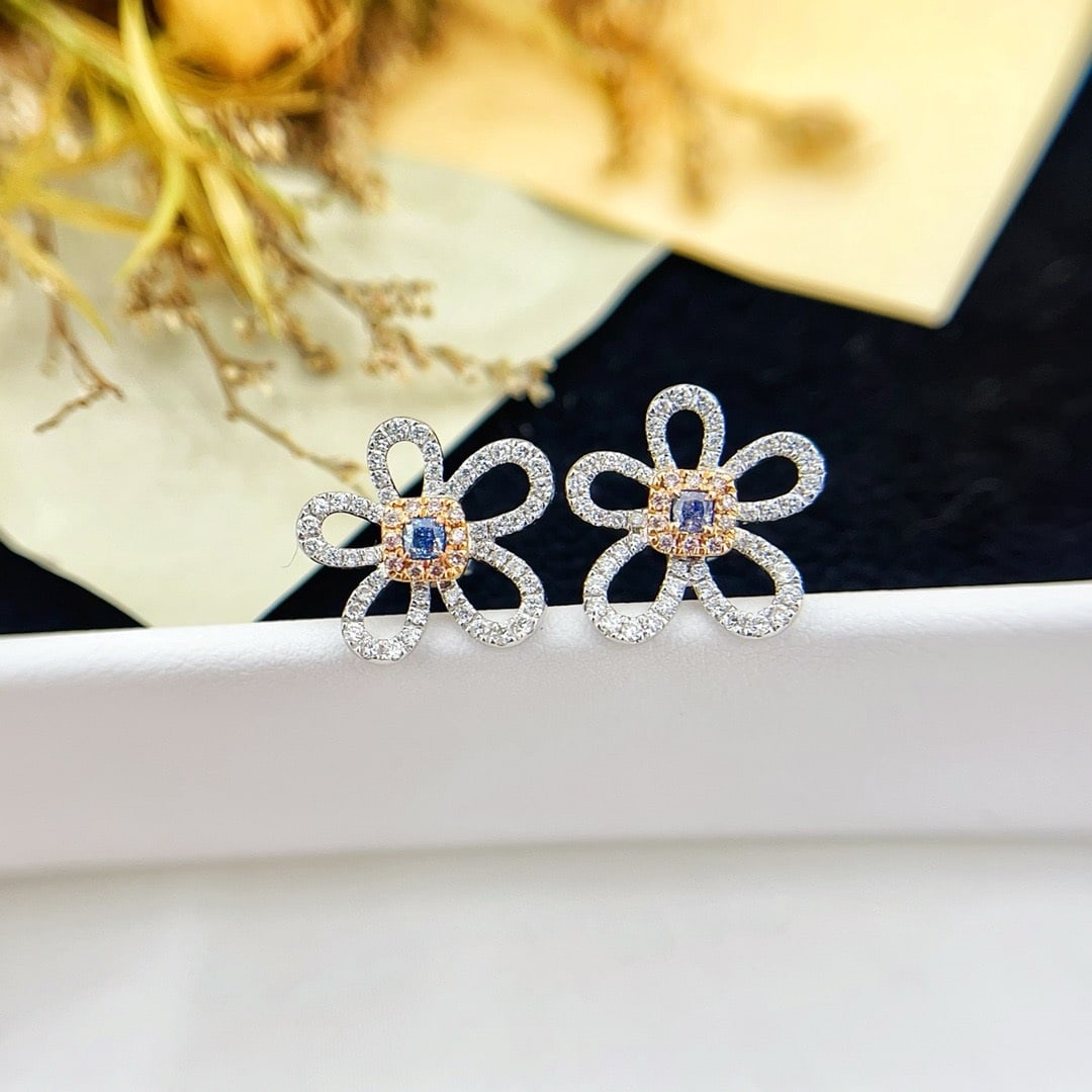 14k Gold 0.50 Ctw Natural Blue Diamond & Diamond & Flowers Earrings: Ref:231191045 // gold content:14k gold // main gemstone:blue diamond // shape:cushion // carat weight:0. 10ct // color:blue // treatment:natural // // adjacent gemstone 2 : diamond // shape:round //