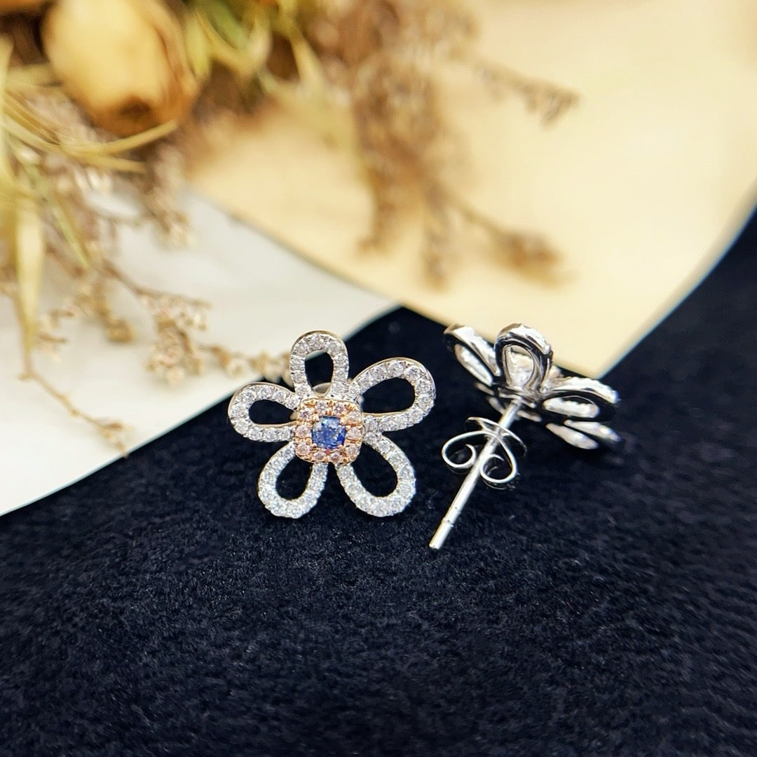 14k Gold 0.50 Ctw Natural Blue Diamond & Diamond & Flowers Earrings - 2