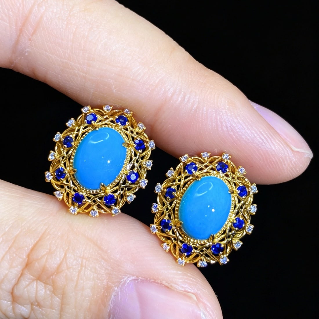 14k Gold 2.64 Ctw Natural Blue Turquoise & Diamond Earrings - 3