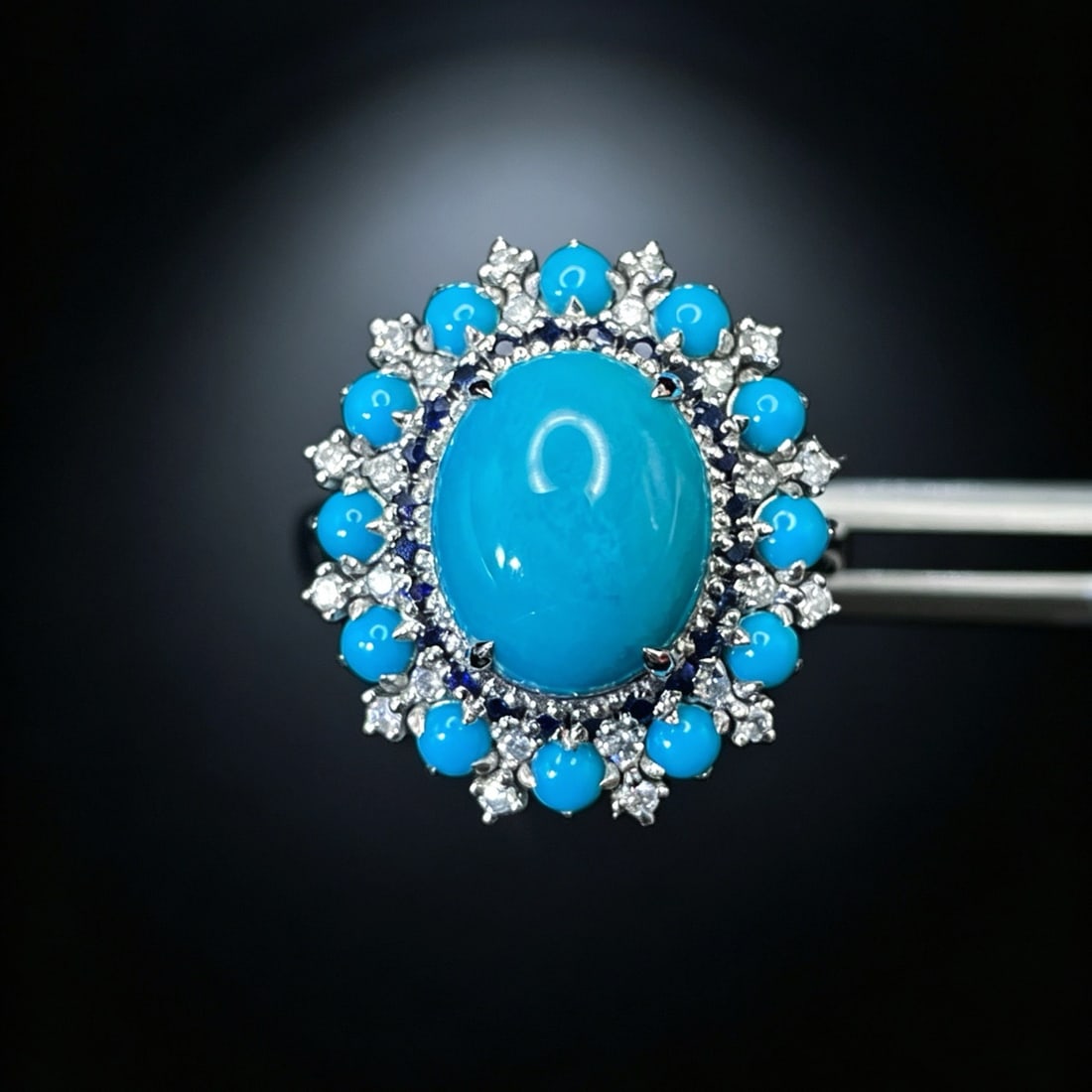 14k Gold 3.95 Ctw Natural Blue Turquoise & Diamond Ring: Ref:231191069 // gold content:14k gold // ring size:7. 25us // // main gemstone:blue turquoise // shape:oval // carat weight:3. 75ct // color:blue // treatment:natural // // adjacent gemstone 2 : diam