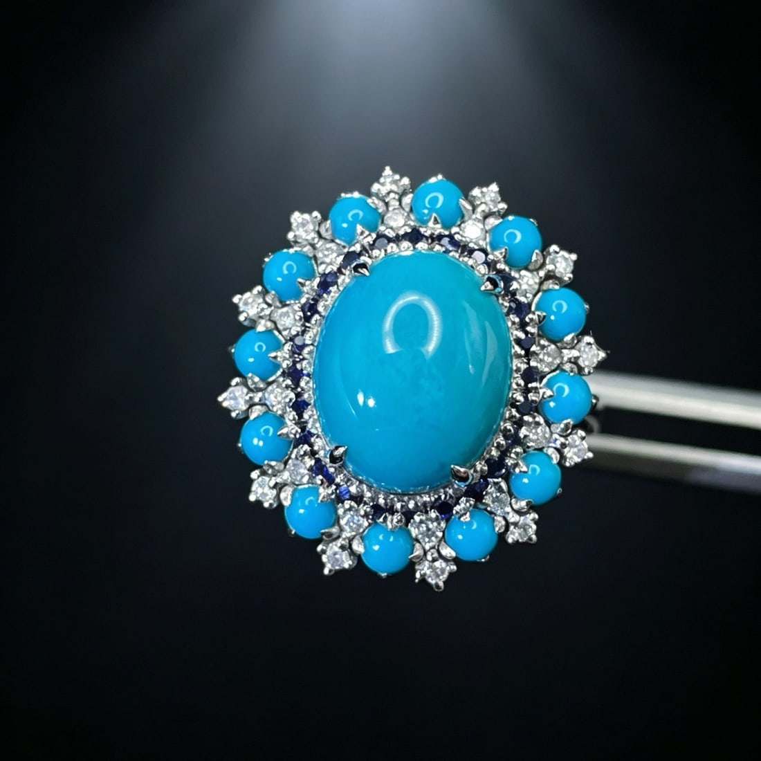 14k Gold 3.95 Ctw Natural Blue Turquoise & Diamond Ring - 2