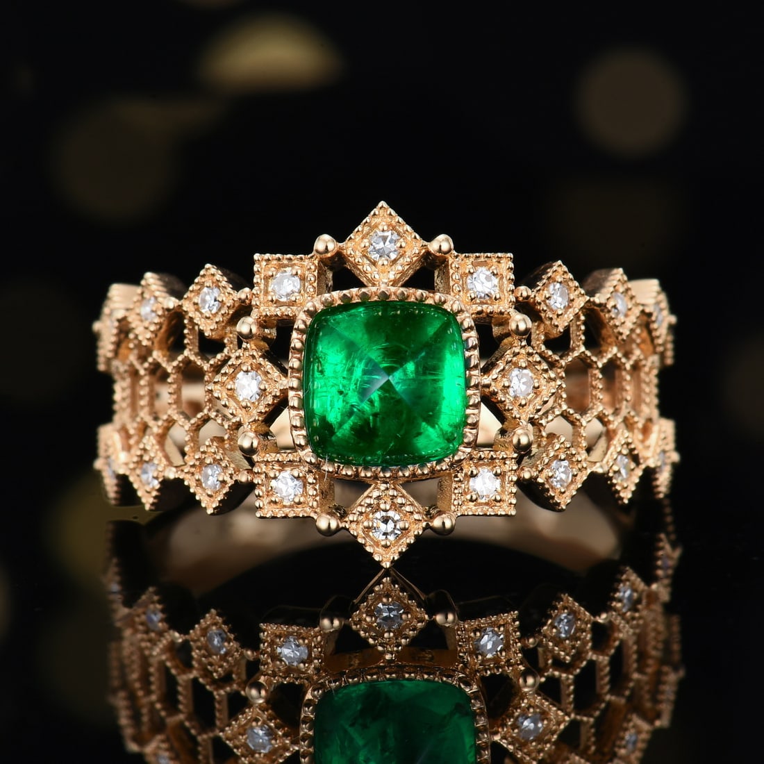 14k Gold 1.04 Ctw Vivid Green Natural Emerald & Diamond Ring: Ref:231191122 // gold content:14k gold // ring size:7. 25us // // main gemstone:emerald // shape:sugar-loaf // carat weight:0. 91ct // color:vivid green // treatment:natural // // adjacent gemstone 2