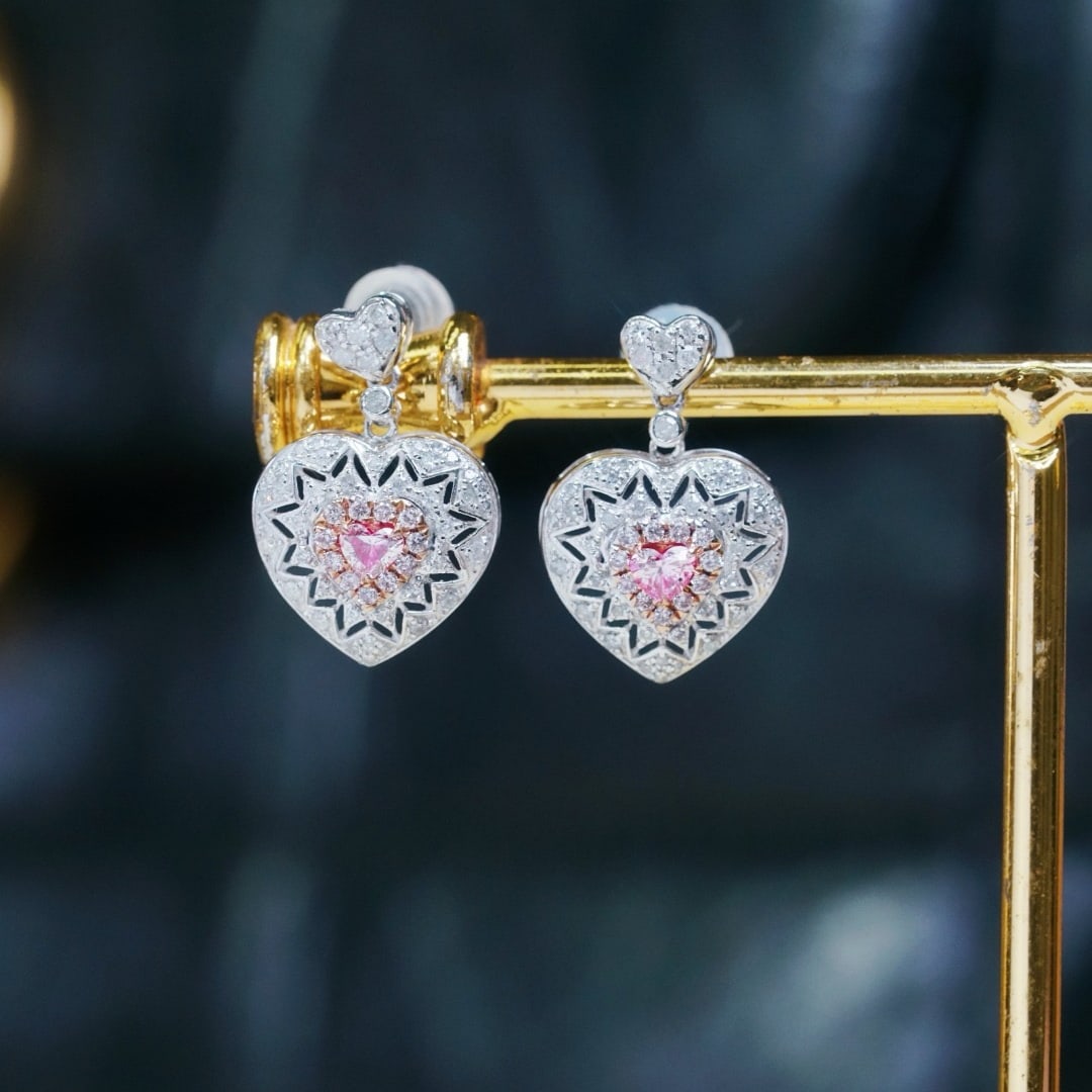 14k Gold 0.80 Ctw Natural Pink Diamond & Diamond Earrings - 3