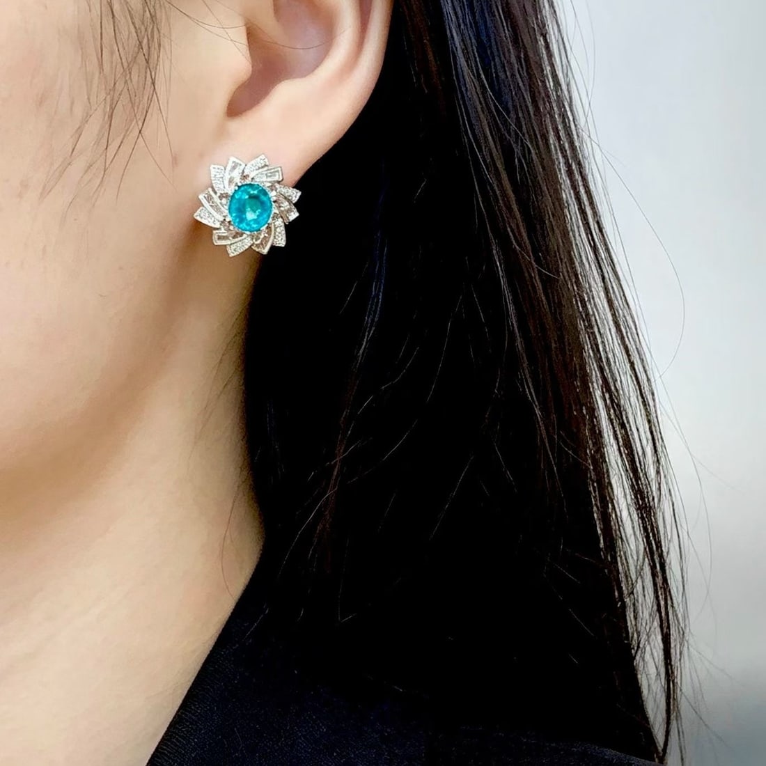 14k Gold 2.4 Ct Natural Paraiba Tourmaline & Diamond & Sapphire Earrings - 4