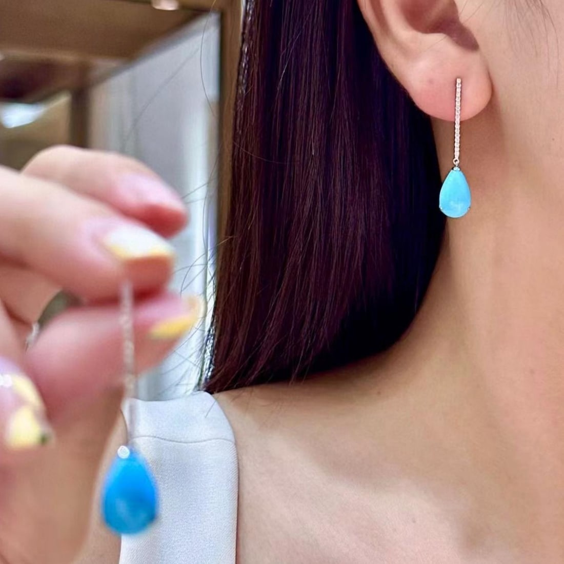 14k Gold 5.95 Ctw Natural Blue Turquoise & Diamond Earrings - 4