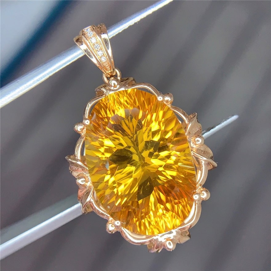 14k Gold 10.2 Ct Natural Citrine & Diamond Pendant( Without Chain ) - 2