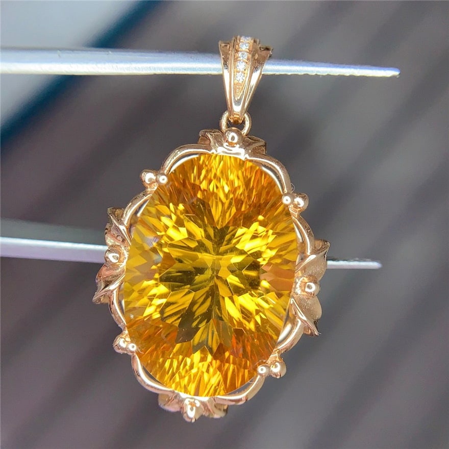 14k Gold 10.2 Ct Natural Citrine & Diamond Pendant( Without Chain ) - 3