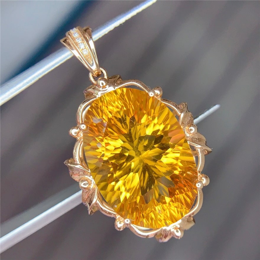 14k Gold 10.2 Ct Natural Citrine & Diamond Pendant( Without Chain ) - 4