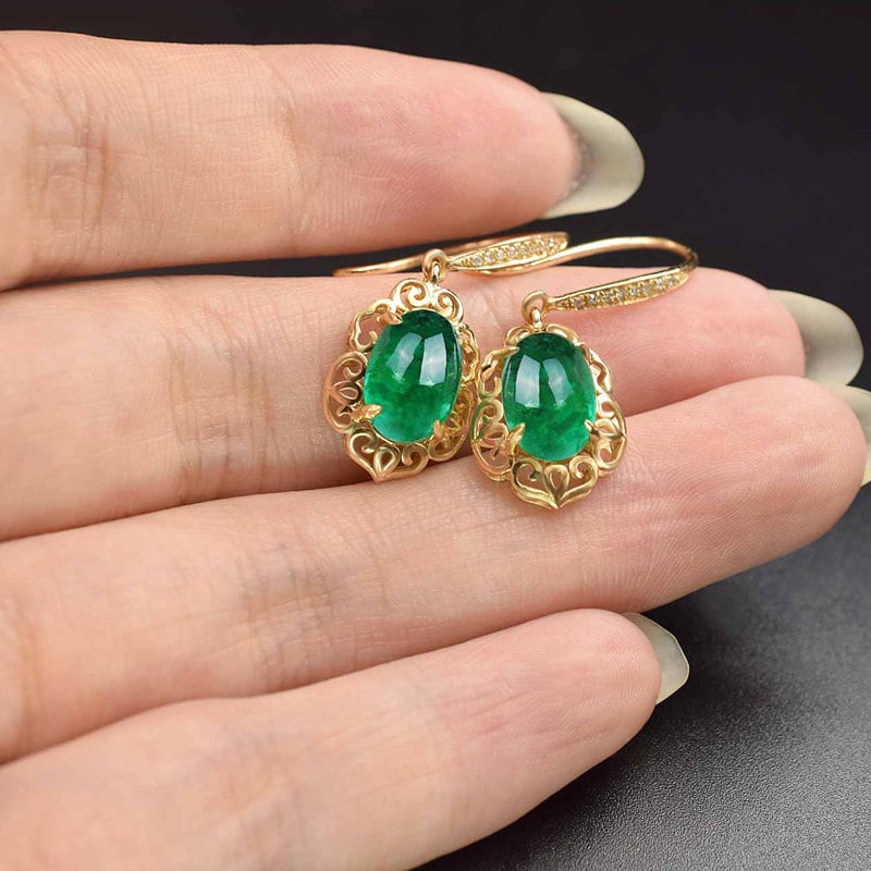 14k Gold 3.42 Ct Natural Emerald & Diamond Earrings - 3