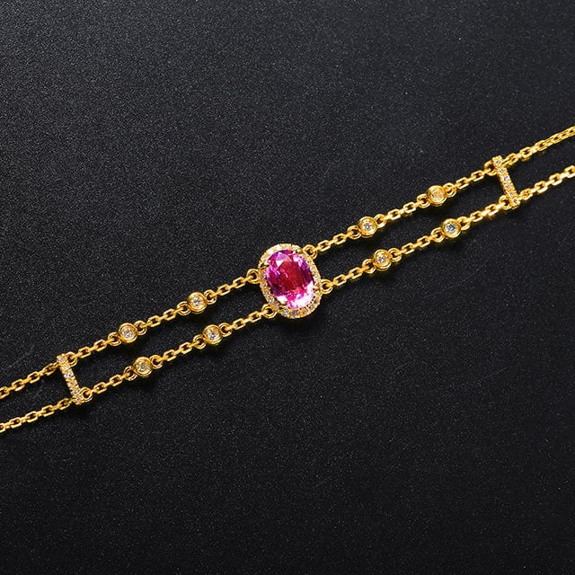 14k Gold 1.28 Ctw Natural Padparadscha Sapphire & Diamond Bracelet - 2
