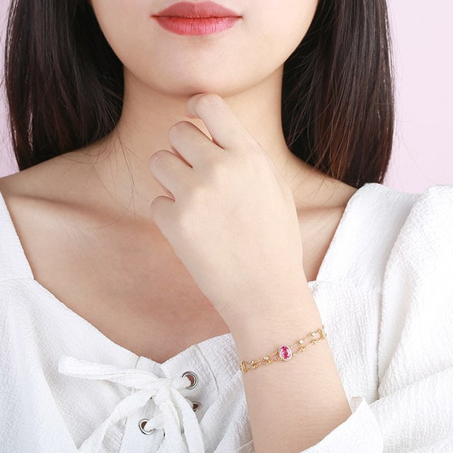 14k Gold 1.28 Ctw Natural Padparadscha Sapphire & Diamond Bracelet - 6