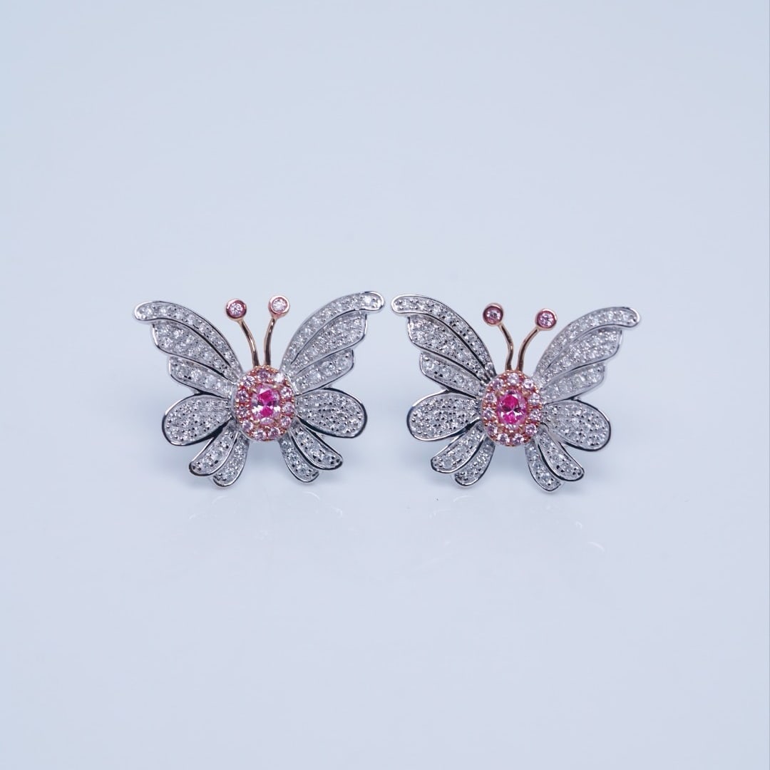 14k Gold 0.80 Ct Natural Color Diamond & Butterfly Earrings - 4