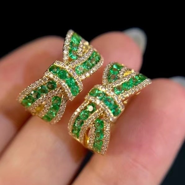 14k Gold 1.54 Ctw Natural Emerald & Diamond Earrings - 3