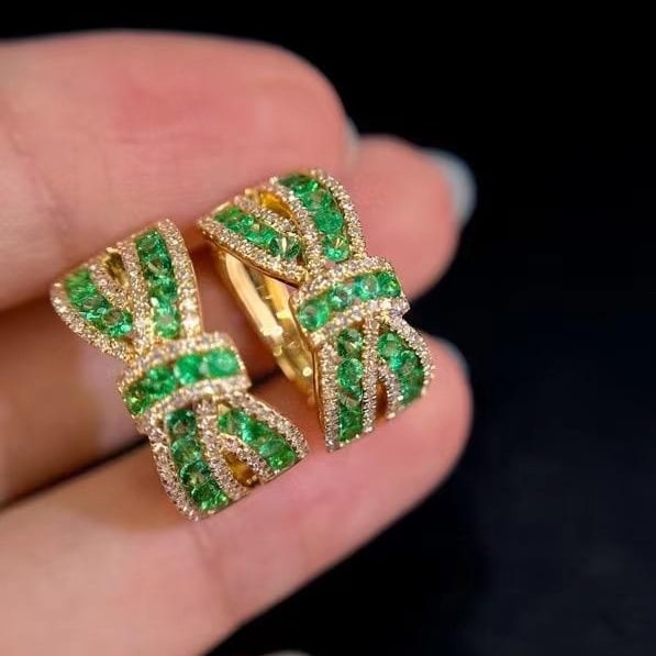 14k Gold 1.54 Ctw Natural Emerald & Diamond Earrings - 6