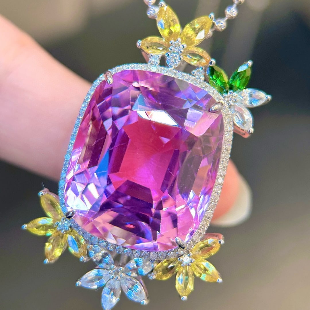 14K GOLD 34.86 CTW NATURAL KUNZITE & DIAMOND PENDANT( WITHOUT CHAIN ) - 2