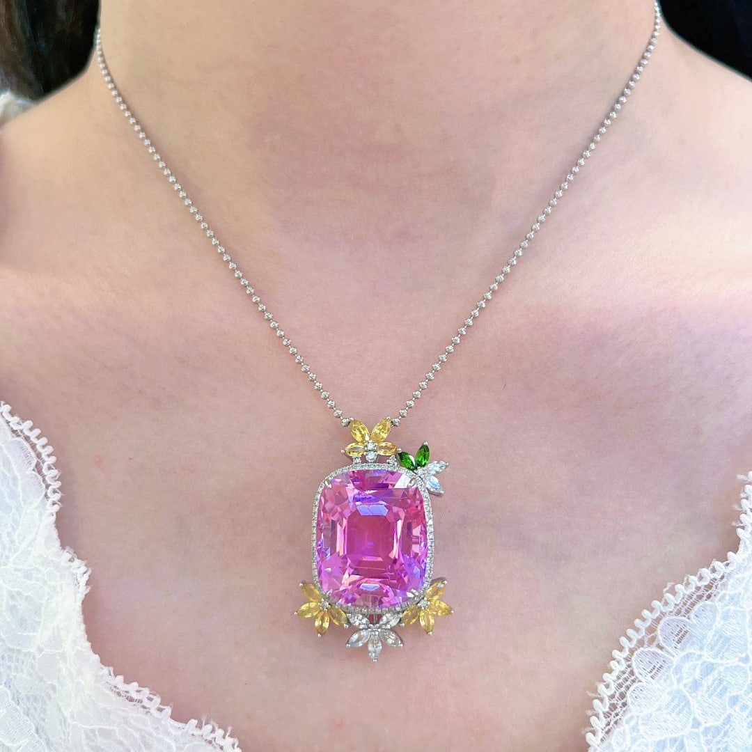 14K GOLD 34.86 CTW NATURAL KUNZITE & DIAMOND PENDANT( WITHOUT CHAIN ) - 5