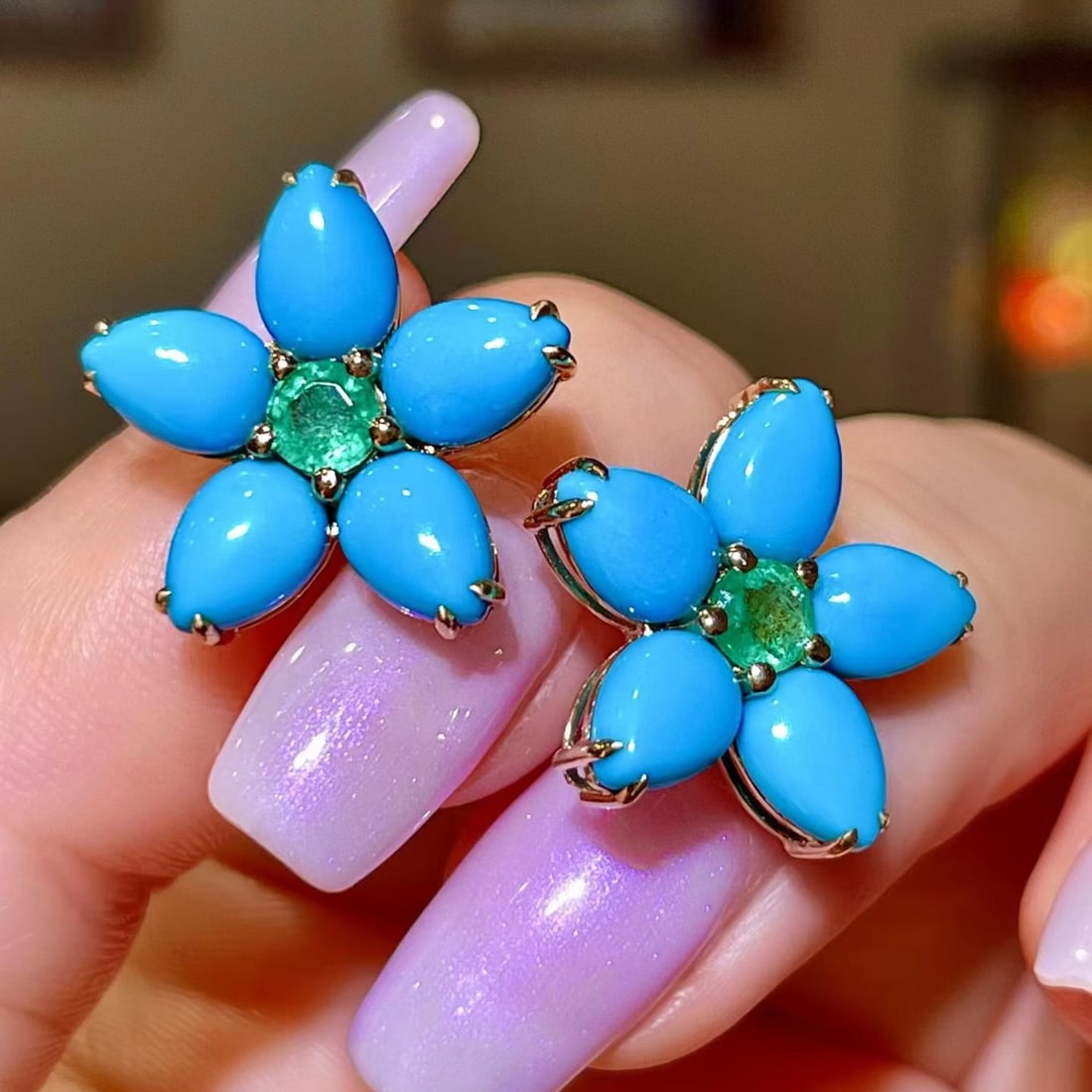 14k Gold 7.85 Ctw Natural Blue Turquoise & Emerald Earrings - 2