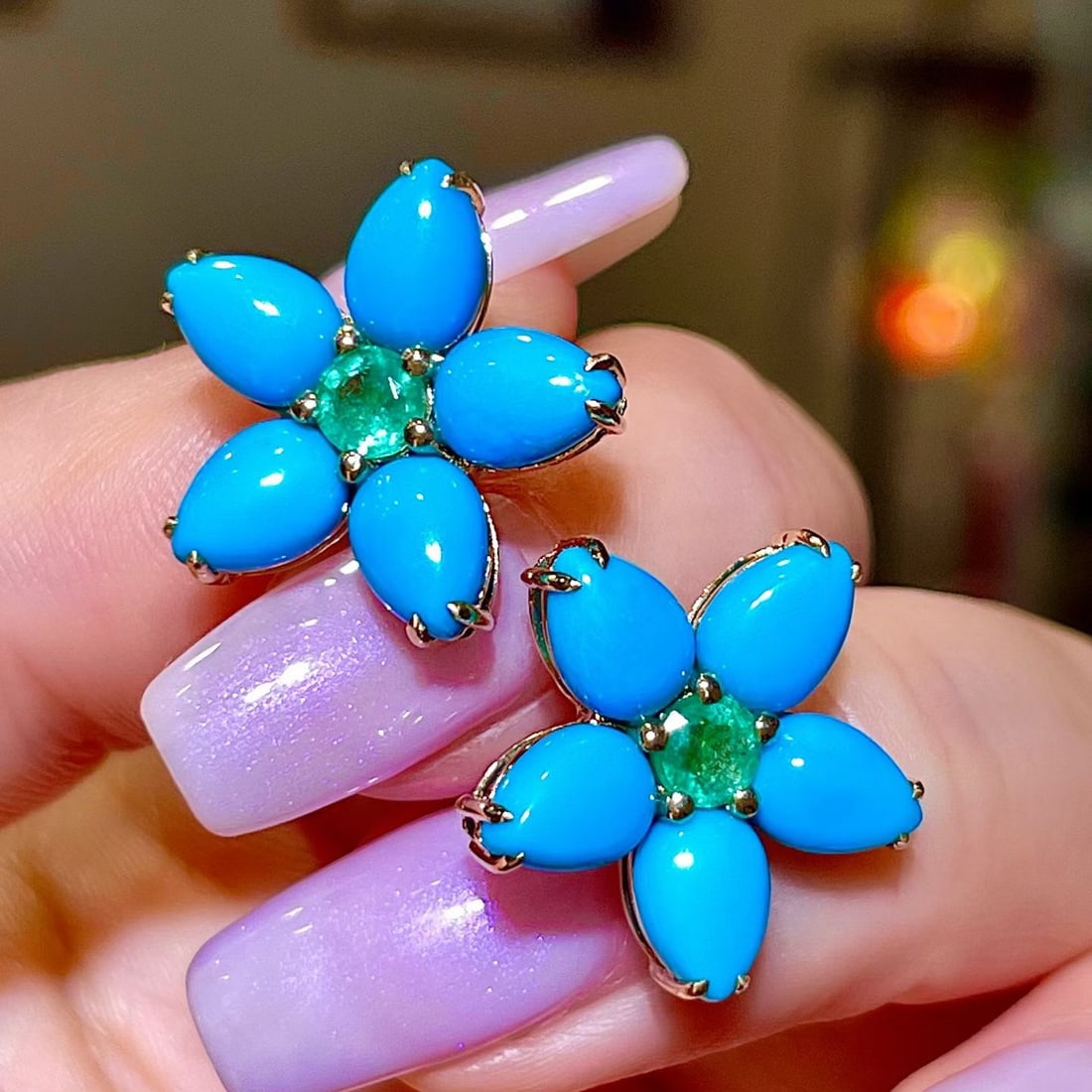 14k Gold 7.85 Ctw Natural Blue Turquoise & Emerald Earrings - 3