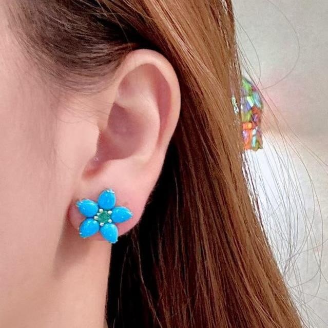 14k Gold 7.85 Ctw Natural Blue Turquoise & Emerald Earrings - 4