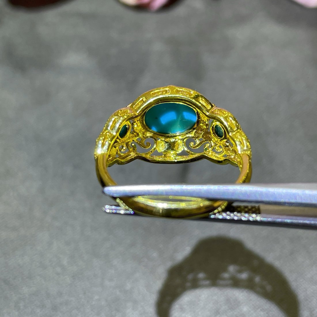 14k Gold 1.27 Ct Natural Blue Turquoise & Blue Turquoise Ring - 5