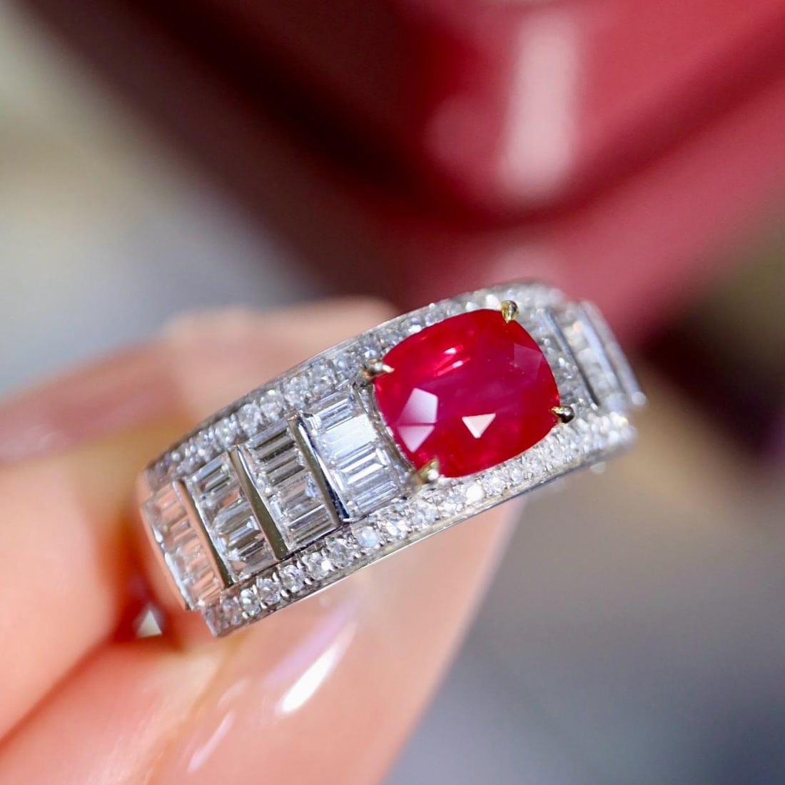 14k Gold 1.78 Ctw Natural Ruby & Diamond Ring: Ref:231192035 // gold content:14k gold // ring size:7. 25us // // main gemstone:ruby // shape:cushion // carat weight:1. 14ct // color:red // treatment:natural // // adjacent gemstone 2 : diamond //