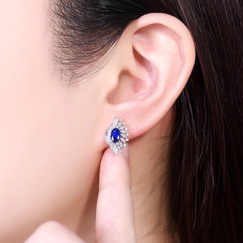 14k Gold 1.10 Ctw Vivid Blue Natural Sapphire & Diamond Earrings - 5