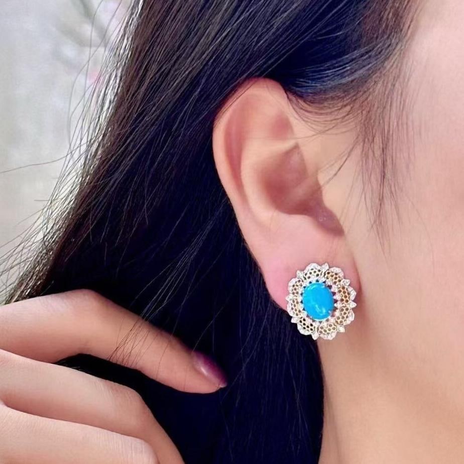 14k Gold 3.59 Ctw Natural Blue Turquoise & Diamond Earrings - 4