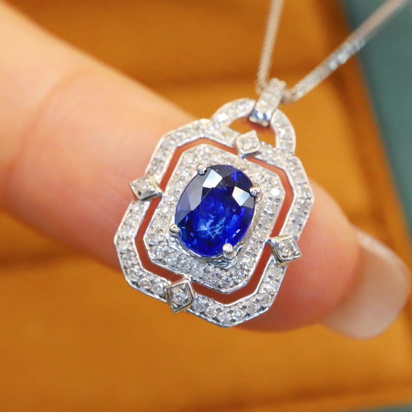14k Gold 1.22 Ctw Vivid Blue Natural Sapphire & Diamond Pendant( Without Chain ) - 2