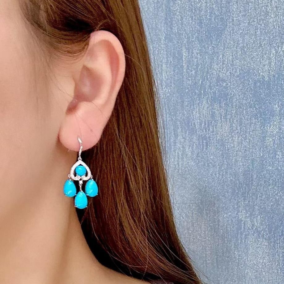 14k Gold 9.22 Ctw Natural Blue Turquoise & Diamond Earrings - 2