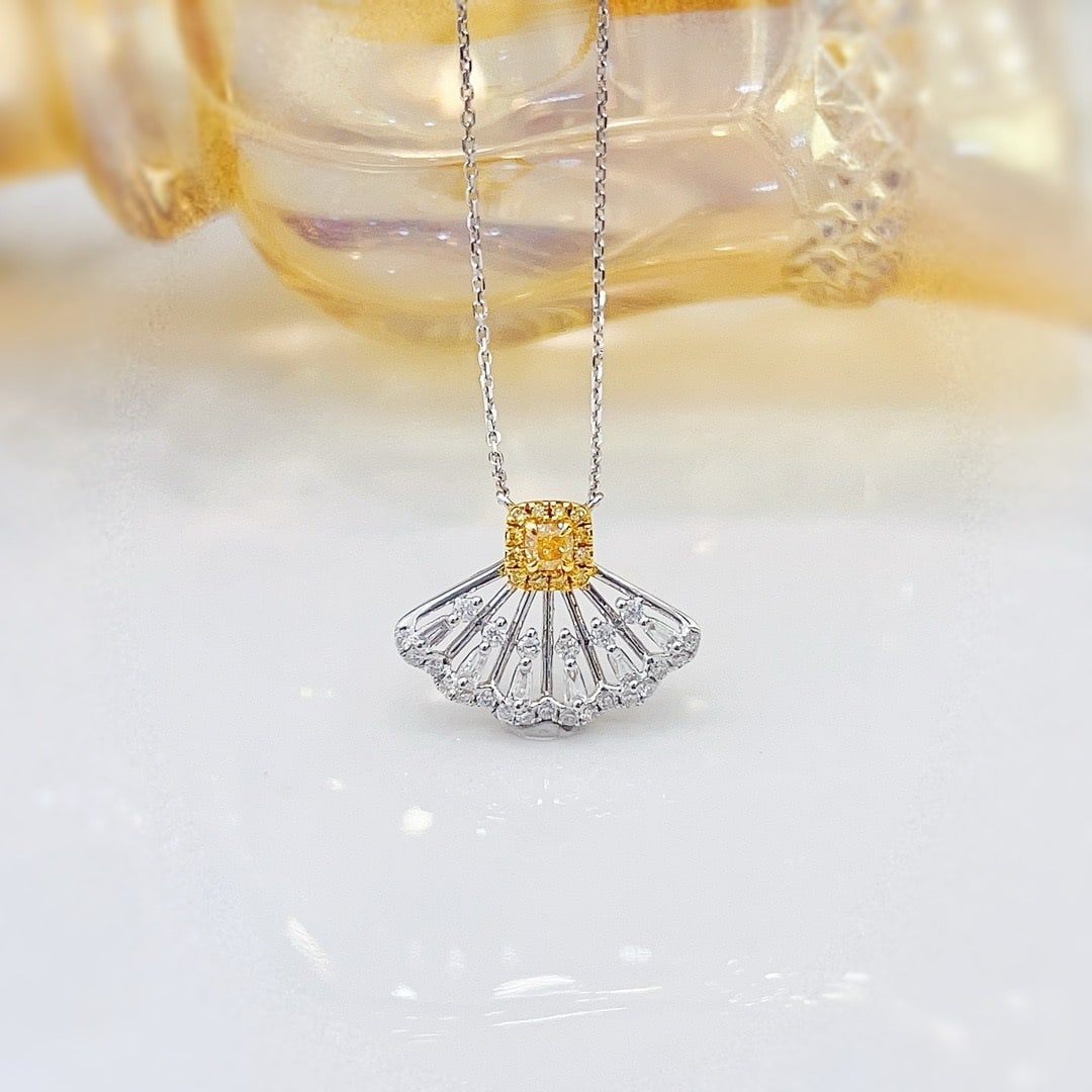 14k Gold 0.42 Ctw Natural Yellow Diamond & Diamond Necklace: Ref:231192175 // gold content:14k gold // main gemstone:yellow diamond // shape:cushion // carat weight:0. 12ct // color:yellow // treatment:natural // // adjacent gemstone 2 : diamond // shape:round 
