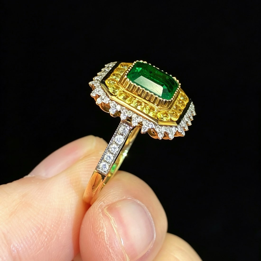 14k Gold 2.56 Ctw Vivid Green Natural Emerald & Sapphire Ring - 4