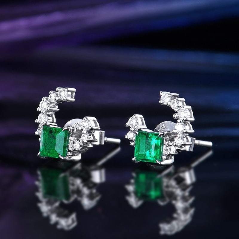 14k Gold 0.87 Ctw Vivid Green Natural Emerald & Diamond Earrings - 2