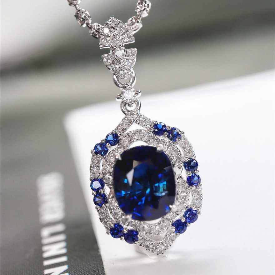 14k Gold 2.17 Ctw Natural Sapphire & Diamond Pendant( Without Chain ) - 2