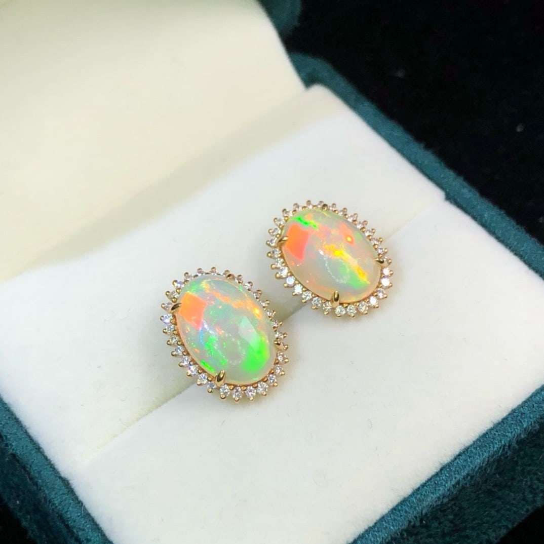 14k Gold 3.0 Ct Natural Opal & Diamond Earrings - 2