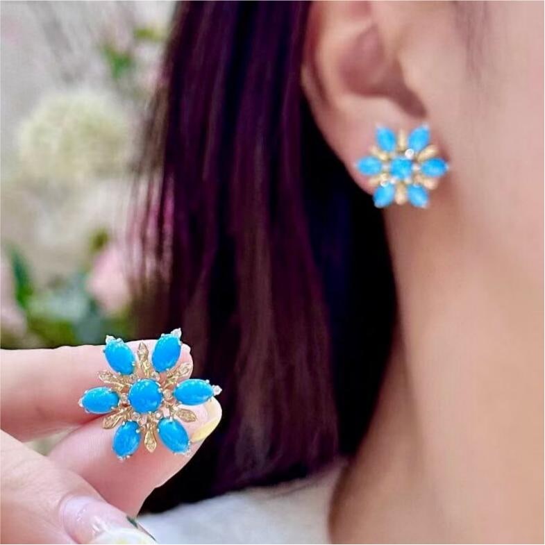 14k Gold 6.31 Ctw Natural Blue Turquoise & Diamond Earrings - 2