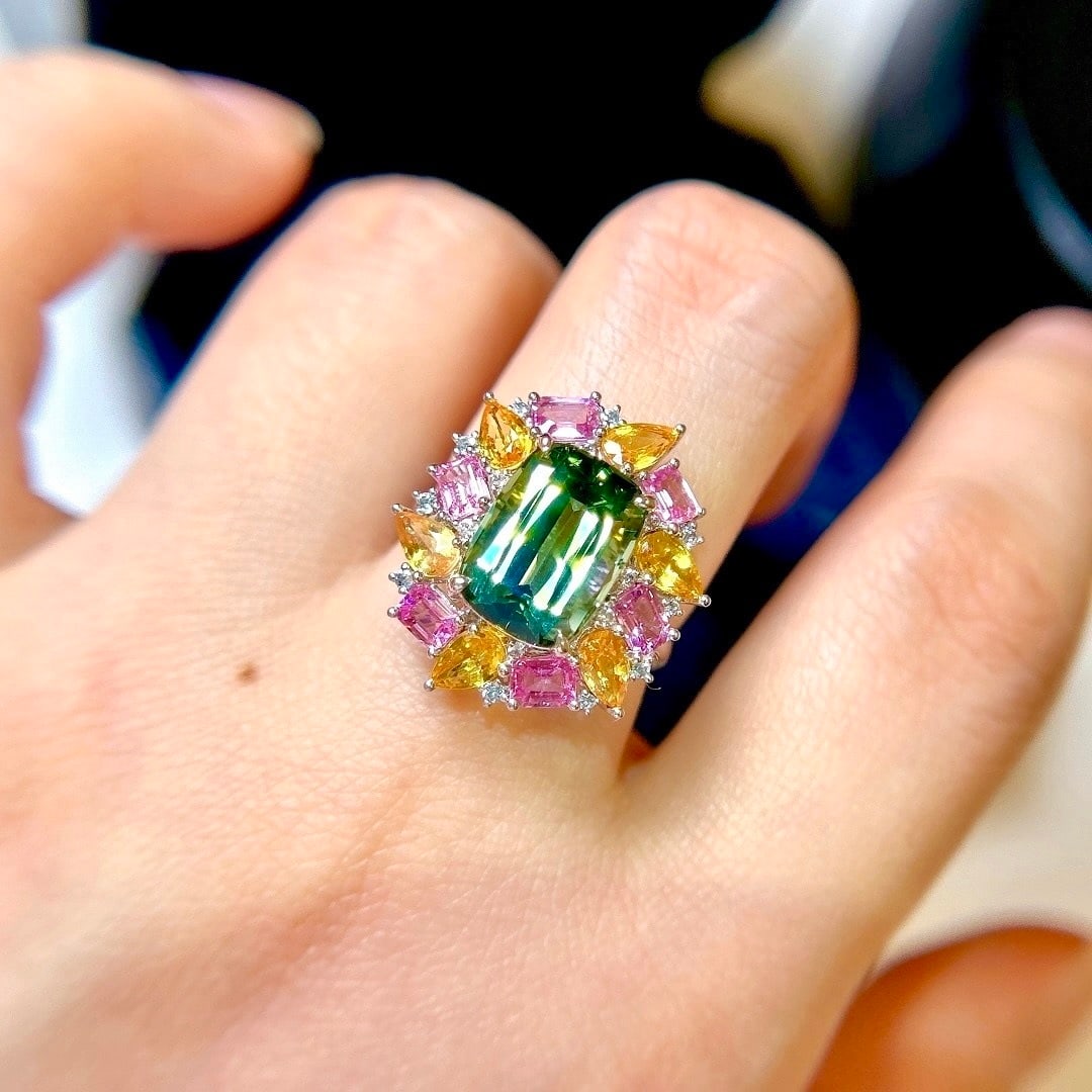 14k Gold 7.45 Ctw Natural Tourmaline & Sapphire Ring - 4