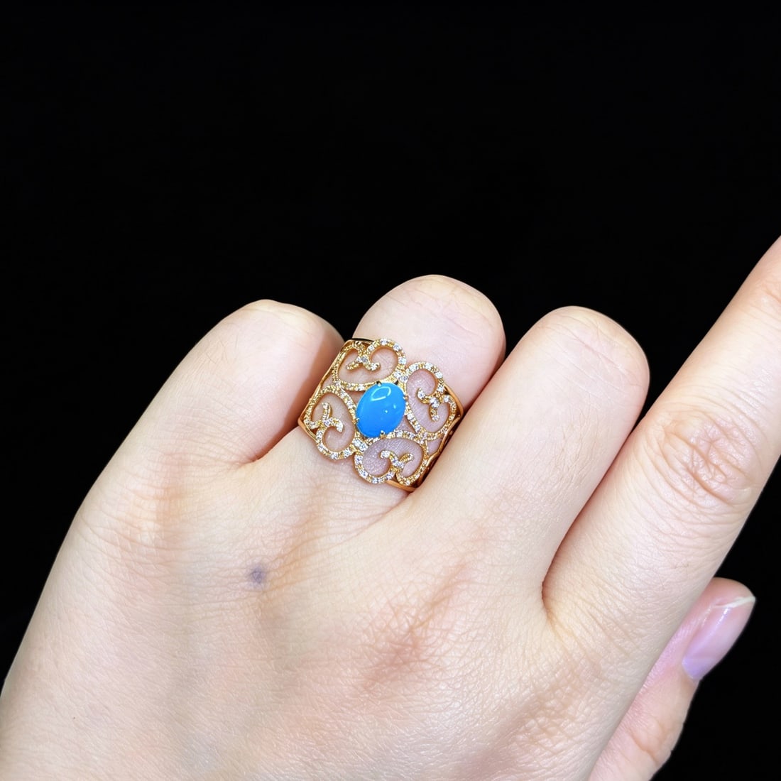 14k Gold 1.19 Ctw Natural Blue Turquoise & Diamond Ring - 6