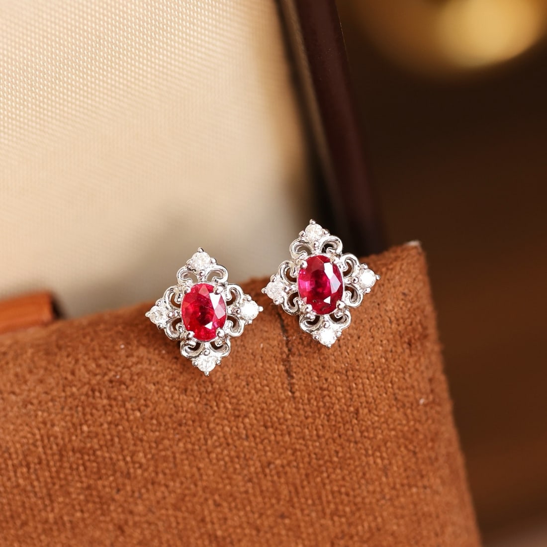 14k Gold 0.82 Ctw Vivid Red Natural Ruby & Diamond Earrings - 2