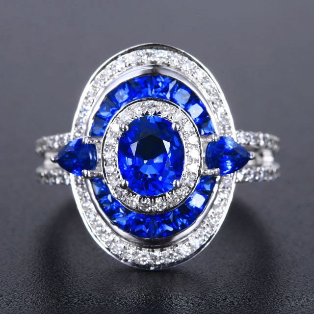 14k Gold 2.36 Ctw Natural Sapphire & Sapphire Ring: Ref:231193003 // gold content:14k gold // ring size:7. 25us // // main gemstone:sapphire // shape:oval // carat weight:1. 18ct // color:blue // treatment:natural // // adjacent gemstone 2 : sapphire /