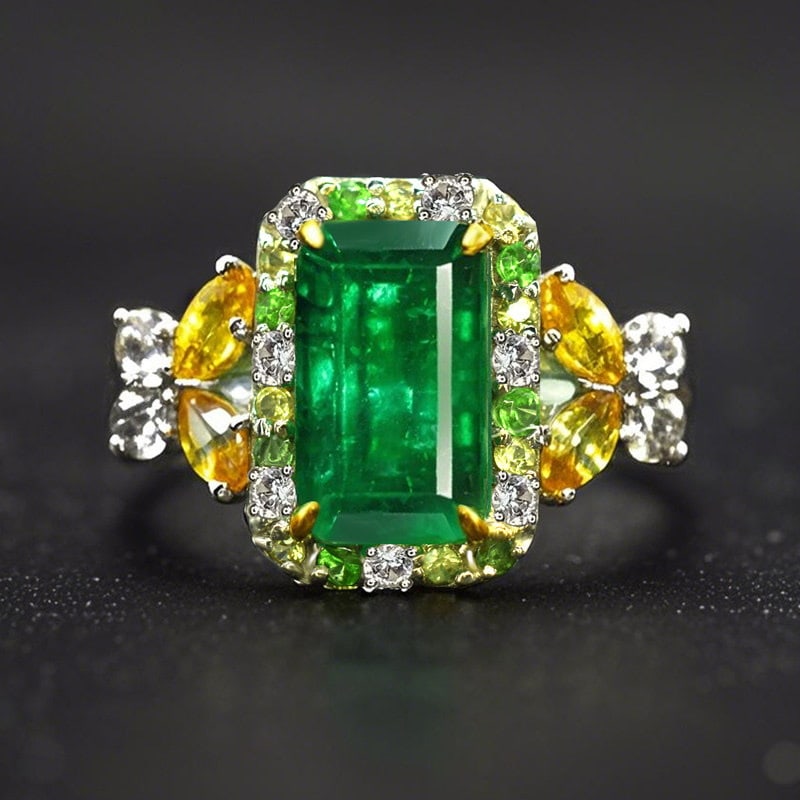 14k Gold 2.12 Ctw Natural Emerald & Diamond Ring: Ref:231193005 // gold content:14k gold // ring size:7. 25us // // main gemstone:emerald // shape:octagonal // carat weight:2. 01ct // color:green // treatment:natural // // adjacent gemstone 2 :