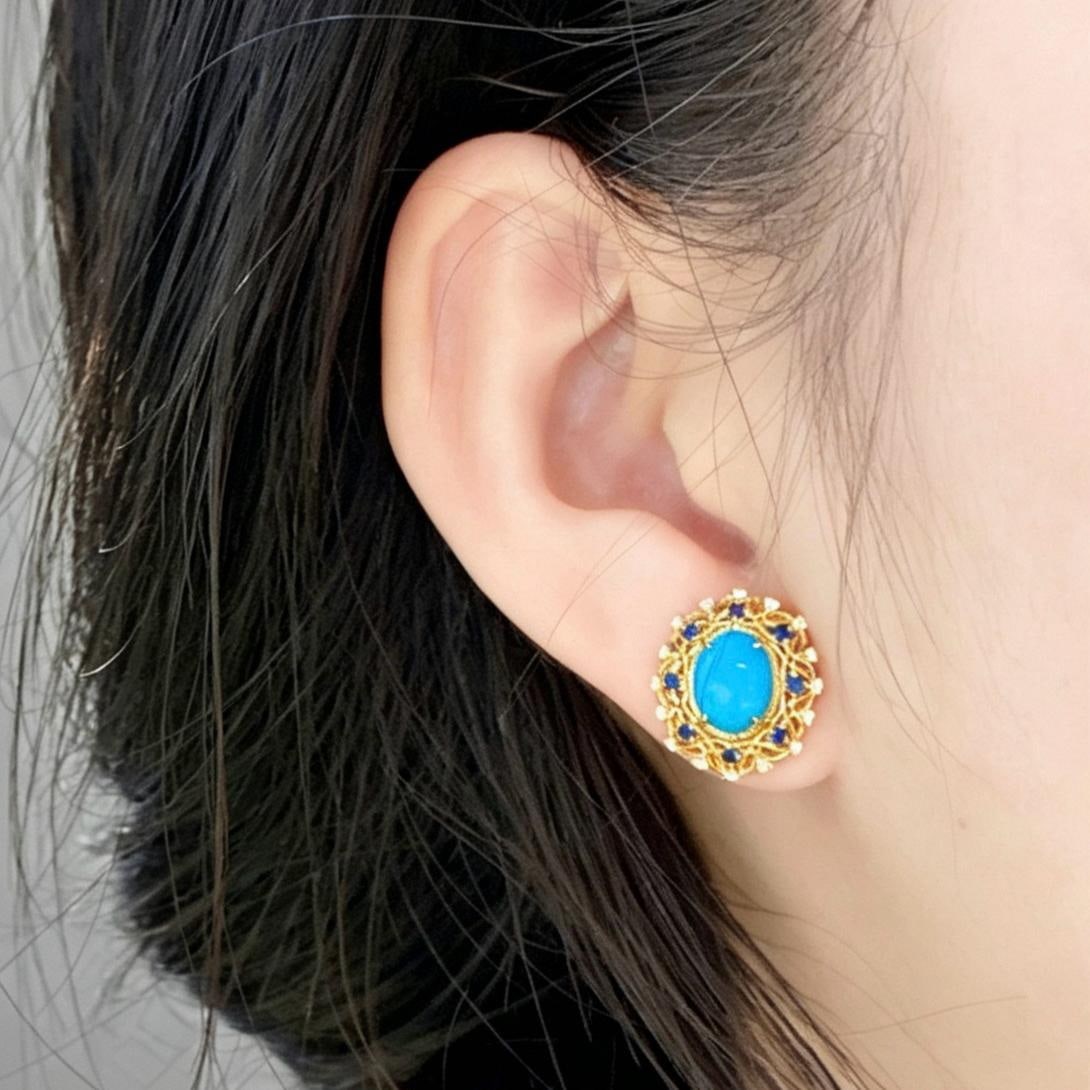 14k Gold 2.64 Ctw Natural Blue Turquoise & Diamond Earrings - 6