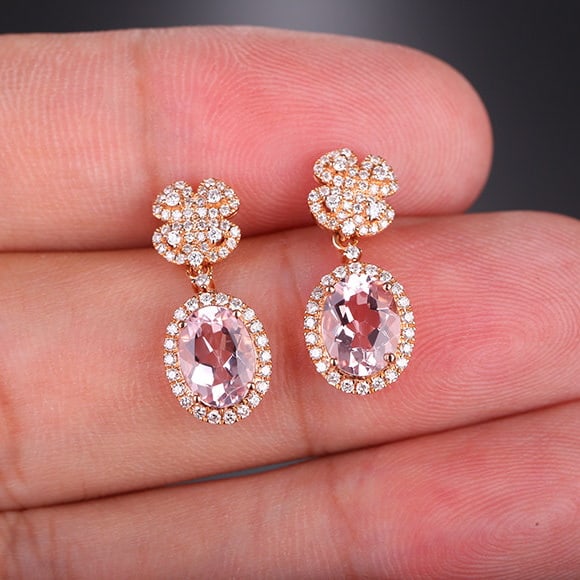 14k Gold 2.14 Ctw Natural Morganite & Diamond Earrings - 6