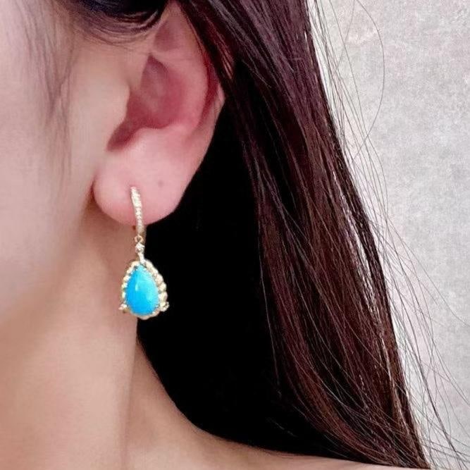 14k Gold 5.63 Ctw Natural Blue Turquoise & Diamond Earrings - 4
