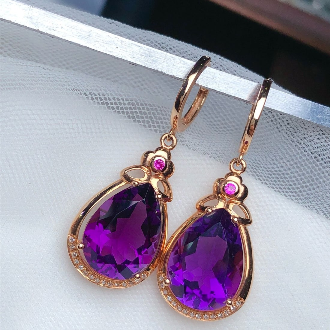 14k Gold 9.90 Ct Natural Amethyst & Diamond Earrings - 2