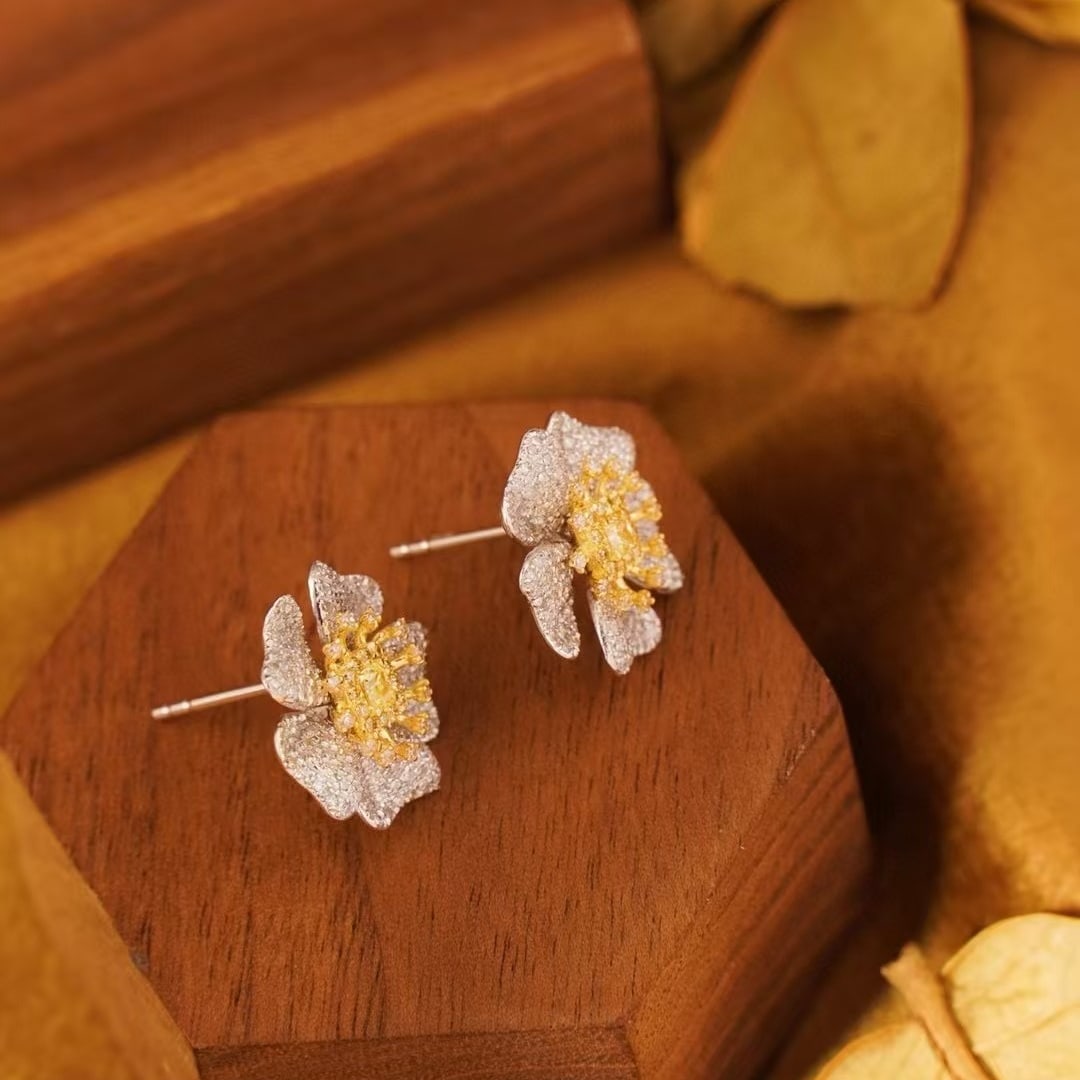 14k Gold 1.1 Ct Natural Color Diamond & Flowers Earrings - 2
